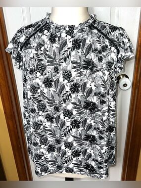 Fred David Sleeveless Blouse Tank Top Cap Sleeve Flutter Sleeve Black/White 2X